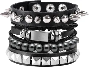 MILAKOO 4Pcs Punk Gothic Braided Leather Bracelet for Women Men with Stone Beads Stretch Wristband Adjustbale