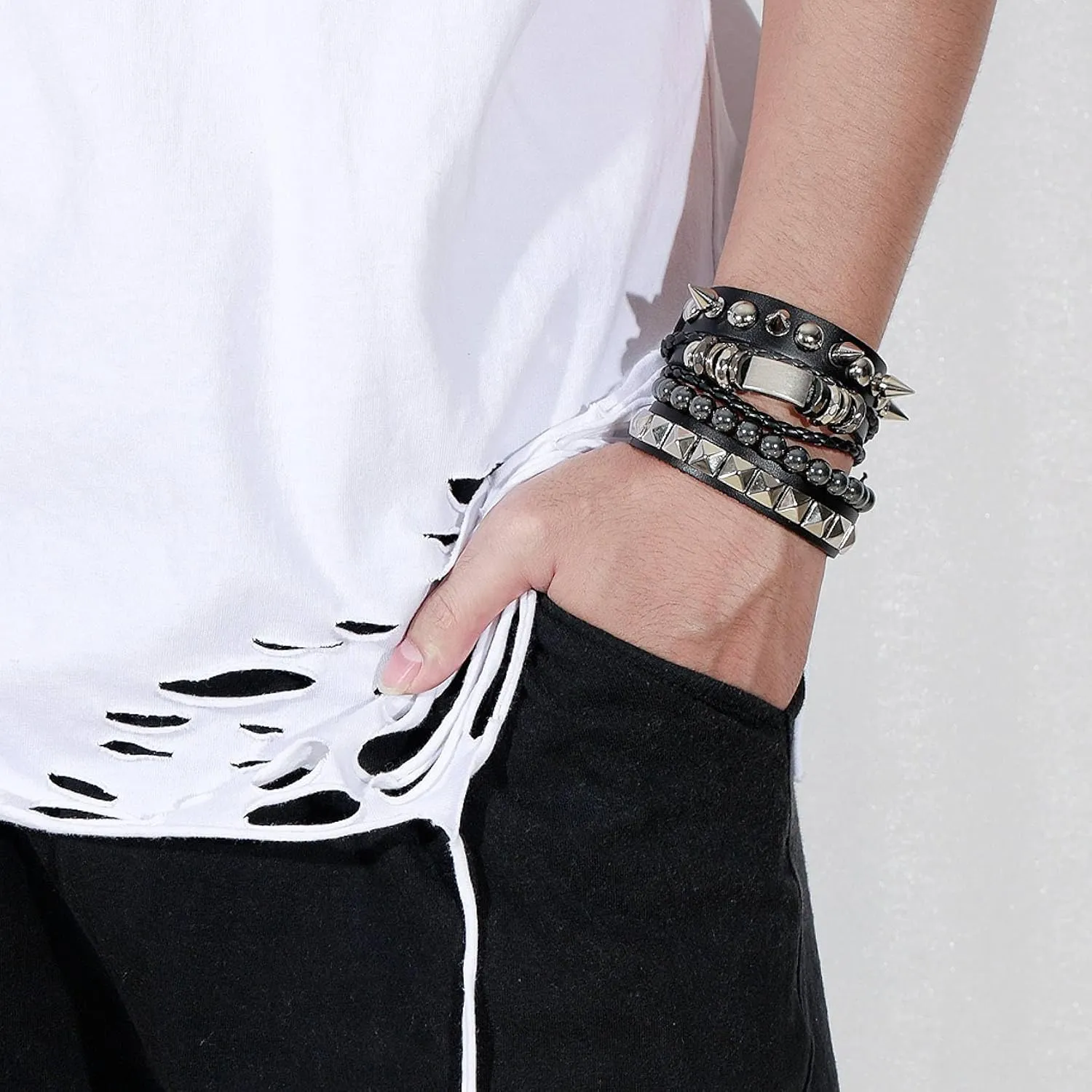 MILAKOO 4Pcs Punk Gothic Braided Leather Bracelet for Women Men with Stone Beads Stretch Wristband Adjustbale