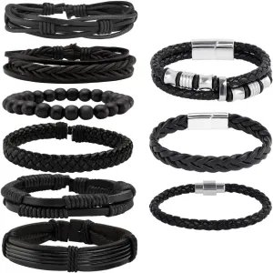 MILAKOO Black Leather Bracelets for Men Braided PU Wristband Multi-layered Faux Leather Cuff Bangle for Women Clasp Armband Punk Gothic Style Unisex Bracelets String Buckle Adjustable Size Bracelet