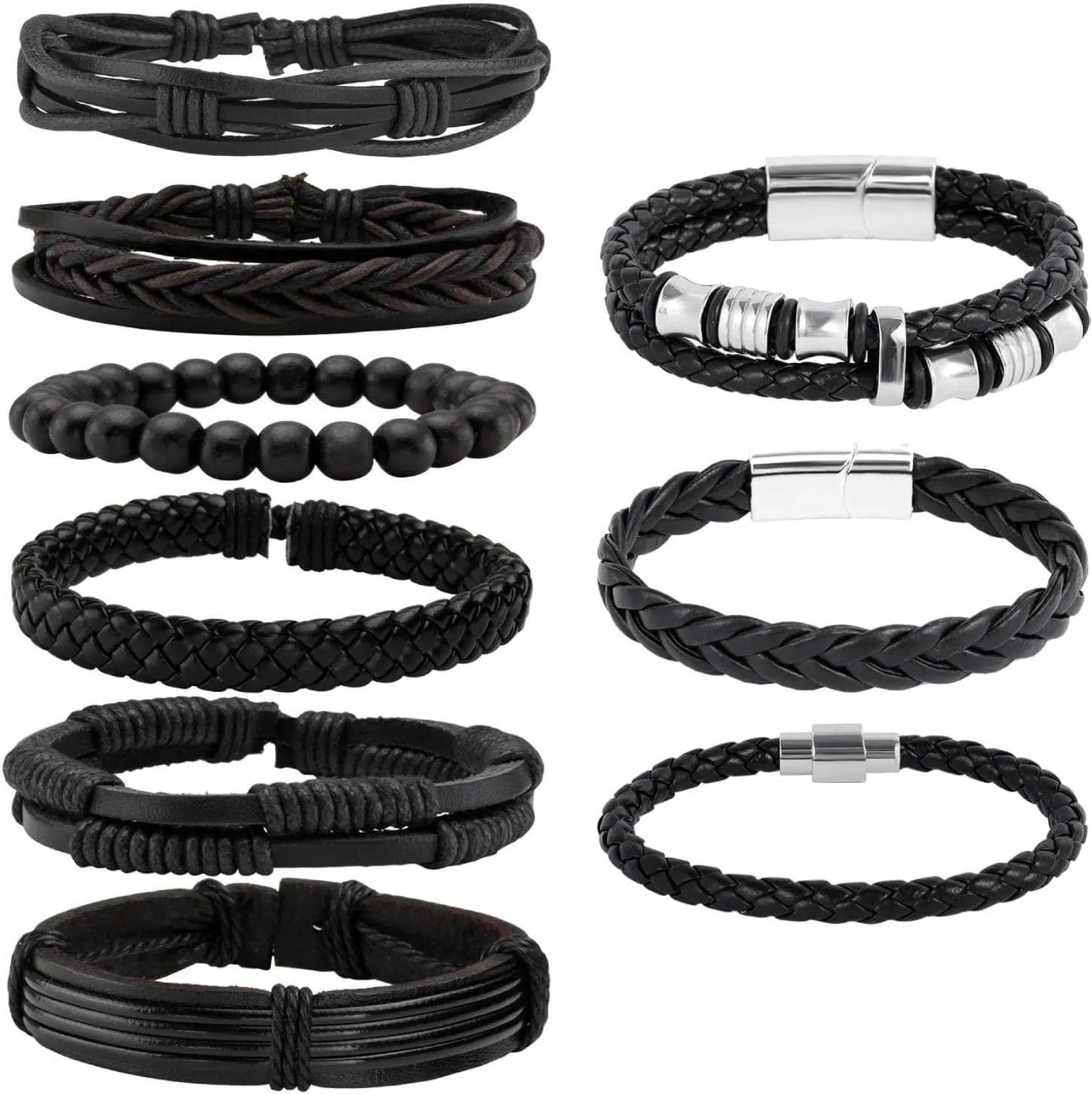 MILAKOO Black Leather Bracelets for Men Braided PU Wristband Multi-layered Faux Leather Cuff Bangle for Women Clasp Armband Punk Gothic Style Unisex Bracelets String Buckle Adjustable Size Bracelet