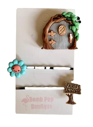 Mix and Match Fairy Door Upcycled Buttons Mismatched Fairies and Butterfly Pinback Brooch, Hairpin Barrettes, or Earrings (Pin with Barrettes)