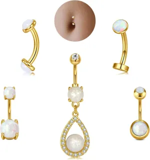 MODRSA Gold Belly Button Ring Dangle Belly Rings Silver Pink Dangling Dangly Belly Button Piercing Hypoallergenic Surgical Steel Opal Butterfly Navel Rings for Women Cute Dainty Navel Jewelry