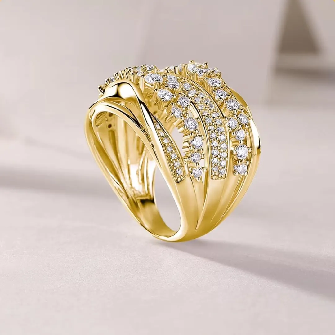 Moissanite Criss Cross Cluster Engagement Ring | Lab Grown 1.3 Carat Diamond & 18k Gold Plated Ring | Moissanite Rings for Women | S925 Sterling Silver Rings | Gold Rings for Women Non Tarnish