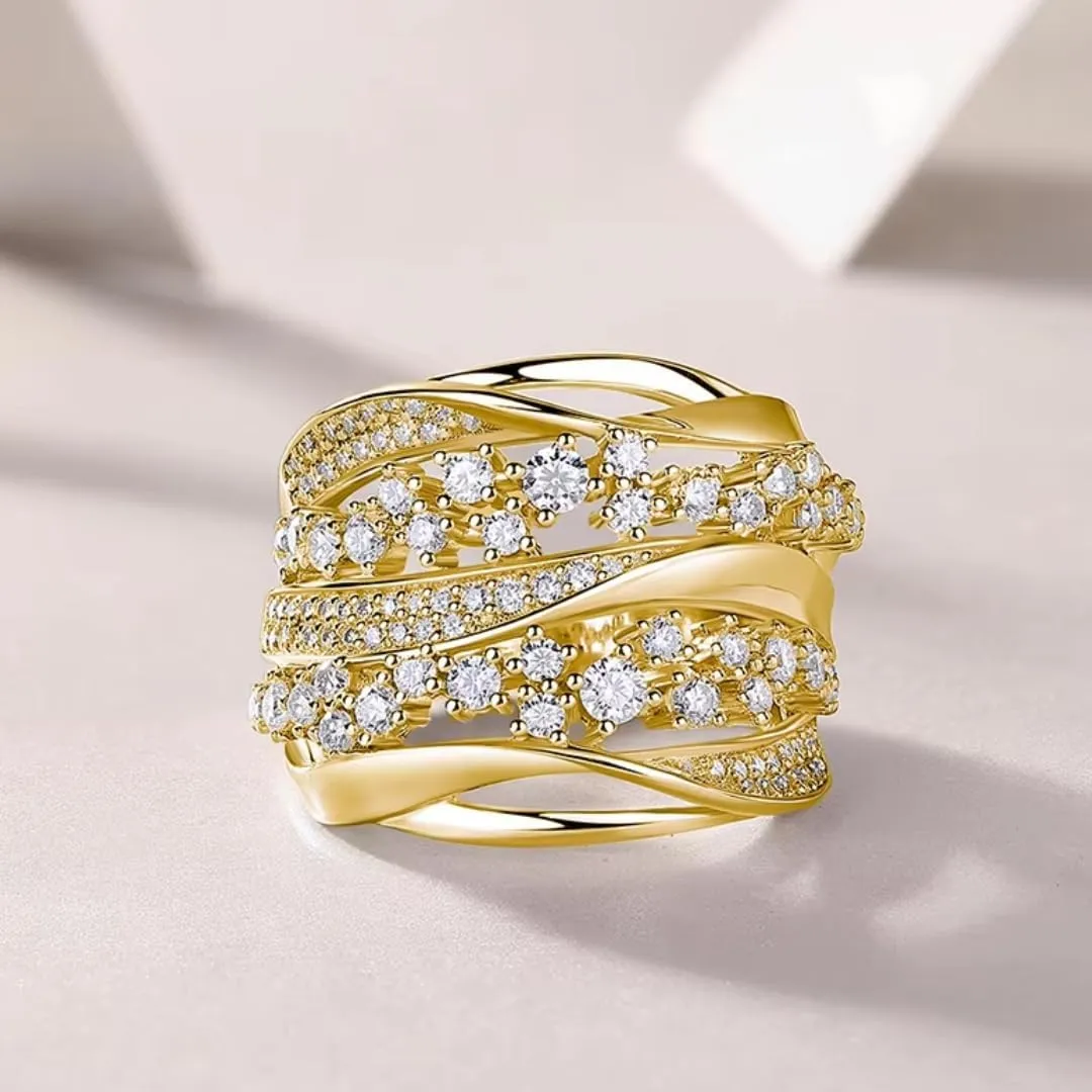 Moissanite Criss Cross Cluster Engagement Ring | Lab Grown 1.3 Carat Diamond & 18k Gold Plated Ring | Moissanite Rings for Women | S925 Sterling Silver Rings | Gold Rings for Women Non Tarnish