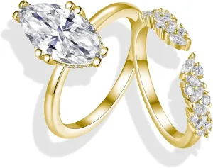 Moissanite Engagement Ring Set - 3.758 Carat Marquise Moissanite Diamond Ring with Wedding Band Included | Gold Ring Set | Wedding Ring | Engagement Ring