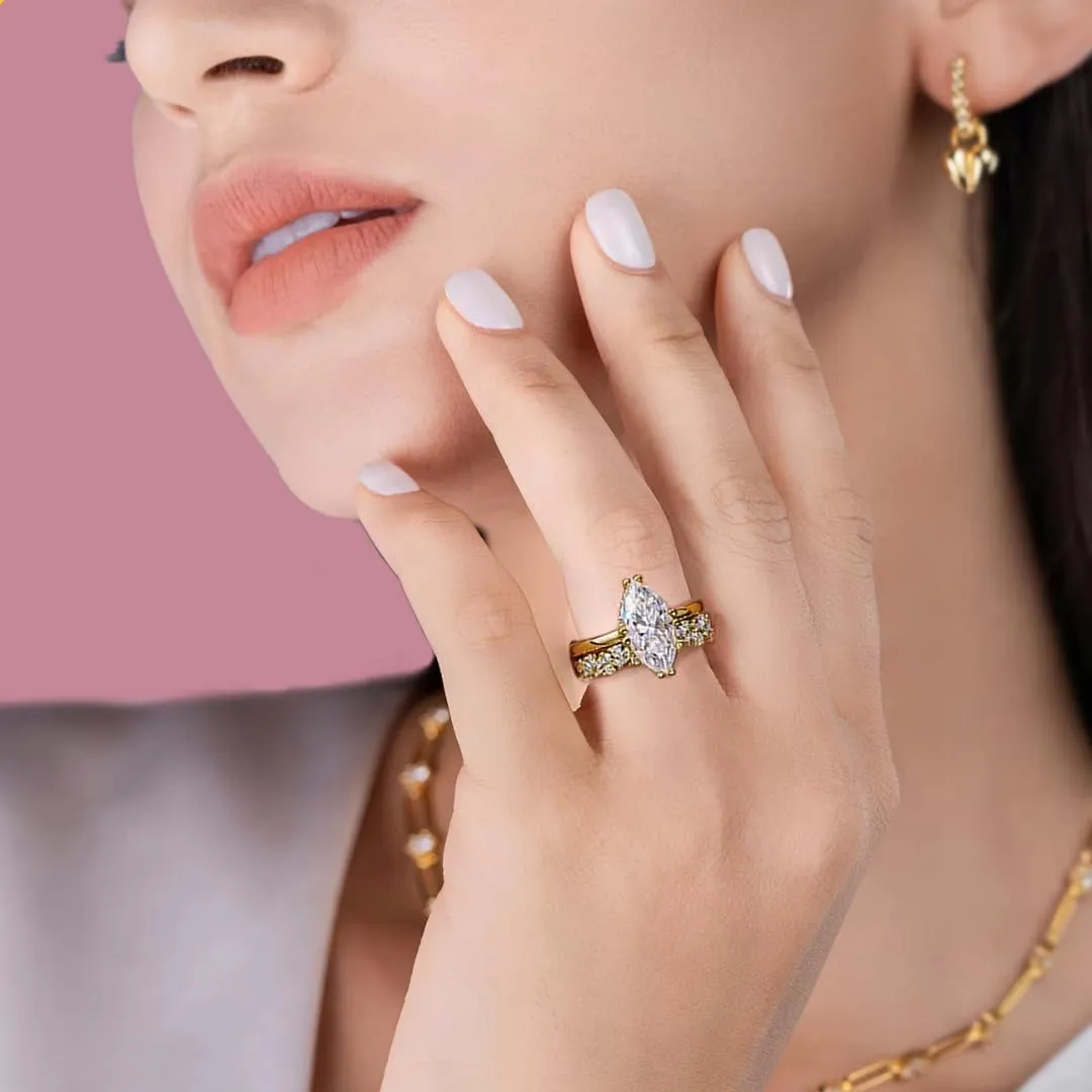Moissanite Engagement Ring Set - 3.758 Carat Marquise Moissanite Diamond Ring with Wedding Band Included | Gold Ring Set | Wedding Ring | Engagement Ring