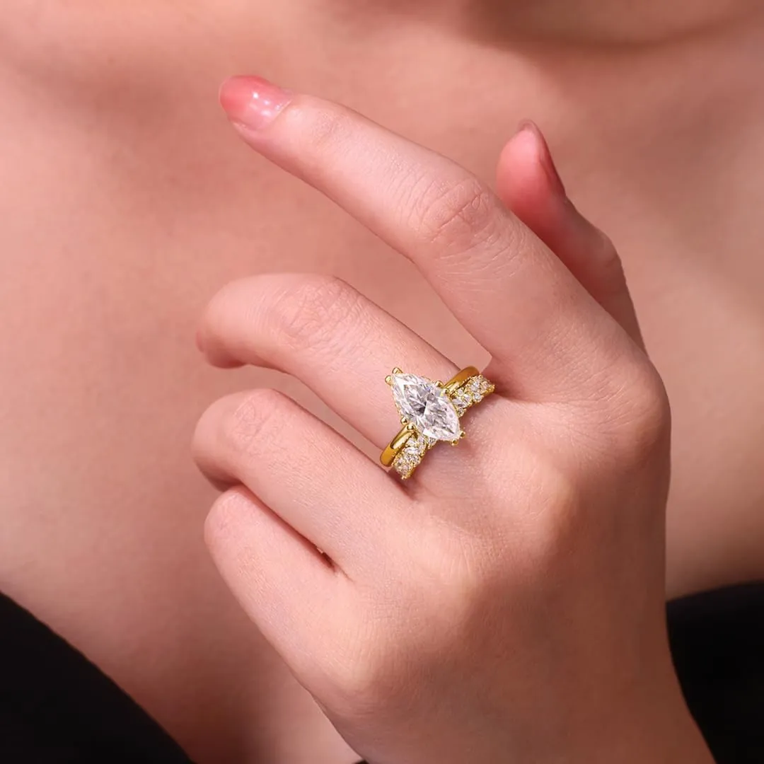 Moissanite Engagement Ring Set - 3.758 Carat Marquise Moissanite Diamond Ring with Wedding Band Included | Gold Ring Set | Wedding Ring | Engagement Ring