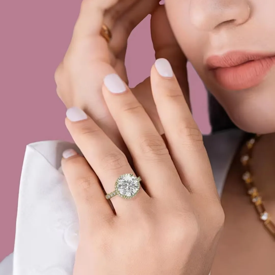Moissanite Round Cut Engagement Ring | Lab Grown 5.71 Carat Diamond & 18k Gold Plated Ring | Moissanite Rings for Women | Sterling Silver Rings | Moissanite Ring | Gold Rings for Women Non Tarnish