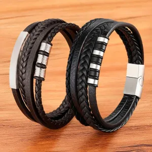 Multilayer Braided Wrap Leather Bracelets For Men Stainless Steel Charm Clasp Rock Handmade Bangles Gift (BXG1871-23cm)