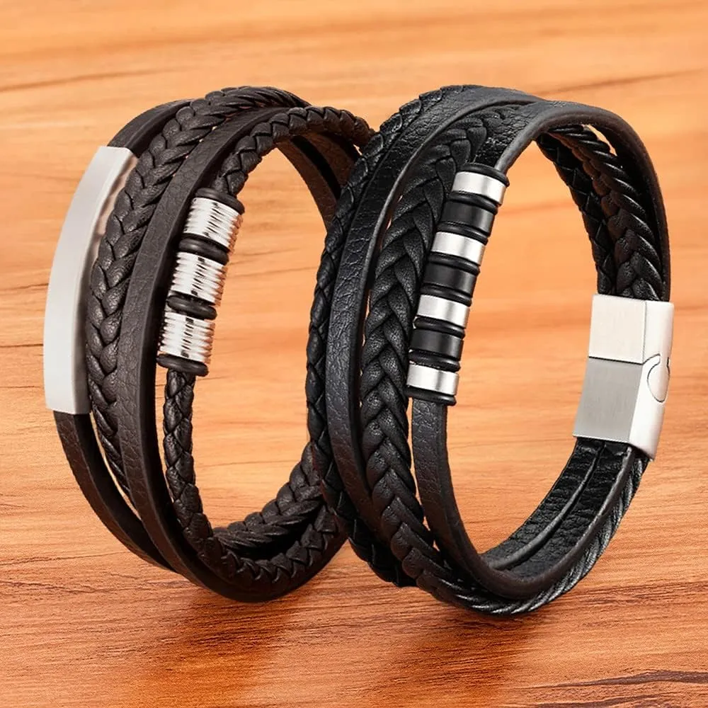 Multilayer Braided Wrap Leather Bracelets For Men Stainless Steel Charm Clasp Rock Handmade Bangles Gift (BXG1871-23cm)