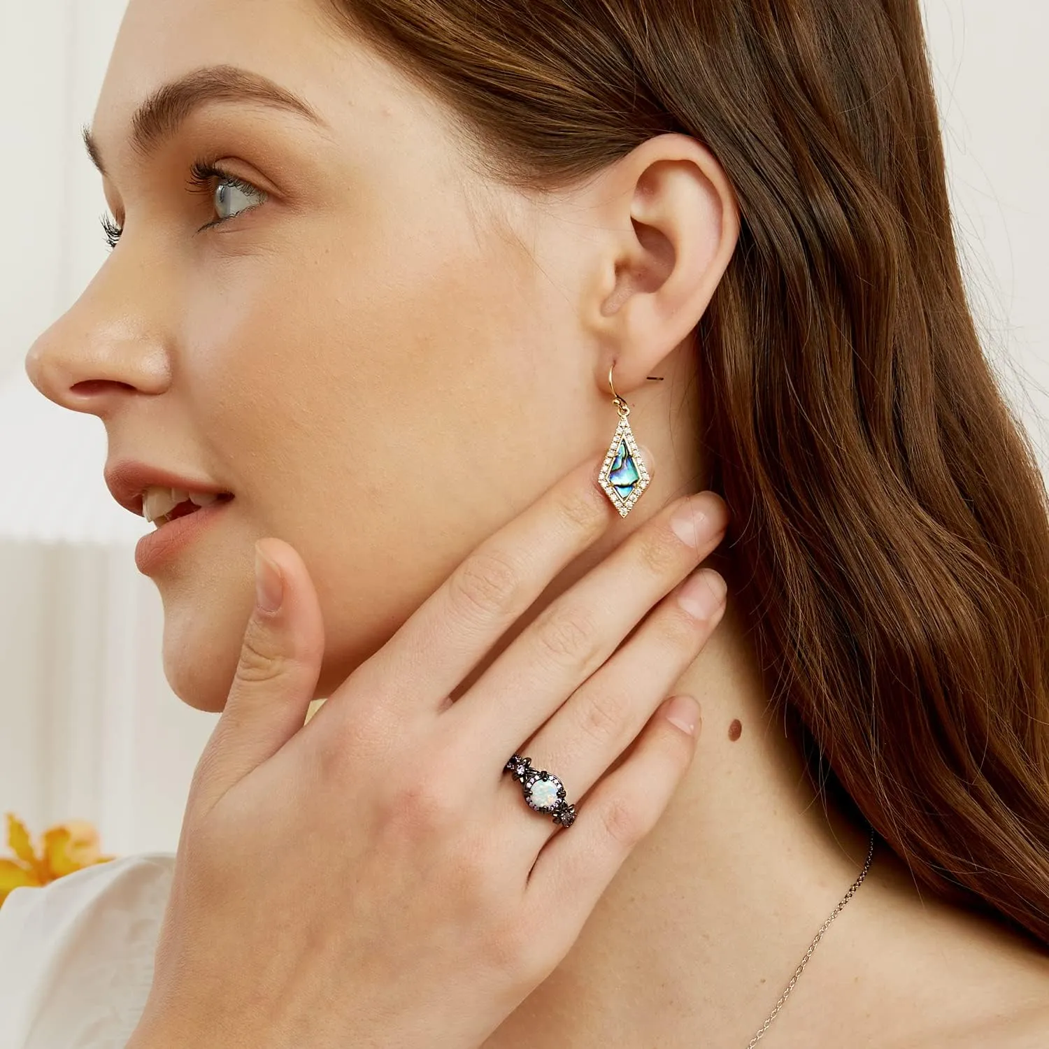 Natural Abalone Dangle Earrings with Halo CZ Leverback Earrings for Women Hypoallergenic Fashion Jewelry