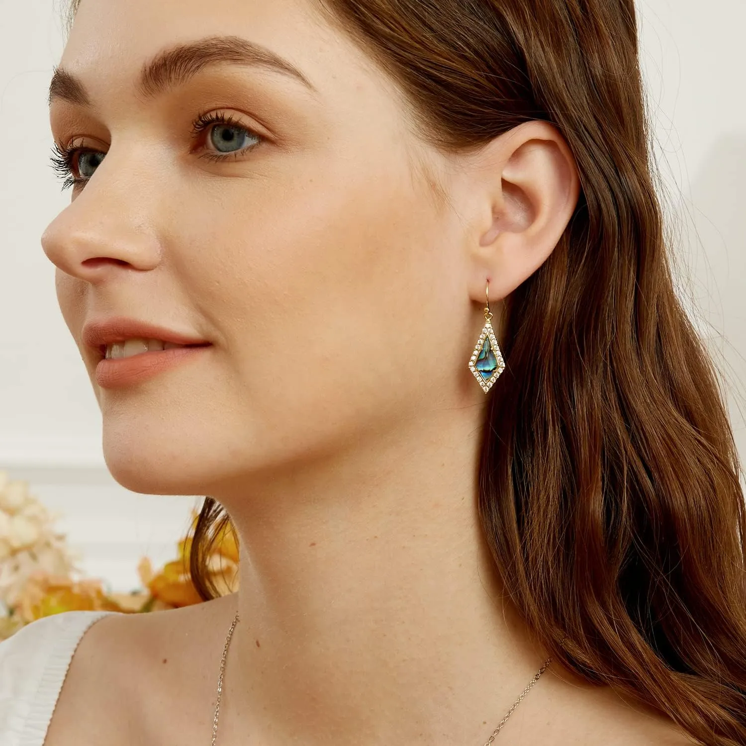Natural Abalone Dangle Earrings with Halo CZ Leverback Earrings for Women Hypoallergenic Fashion Jewelry