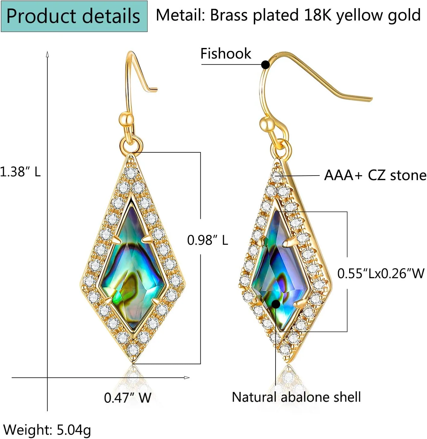 Natural Abalone Dangle Earrings with Halo CZ Leverback Earrings for Women Hypoallergenic Fashion Jewelry