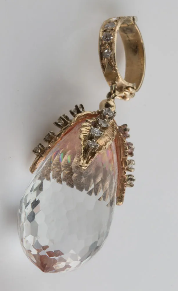 Natural colorless topaz diamond briolette pendant in 14k yellow gold. pdgm117