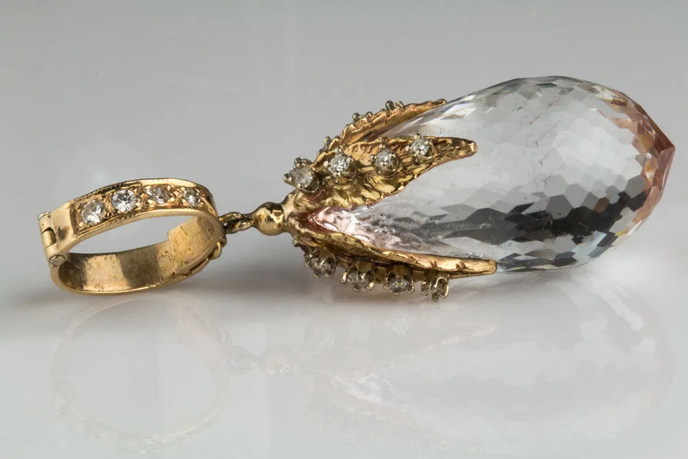 Natural colorless topaz diamond briolette pendant in 14k yellow gold. pdgm117