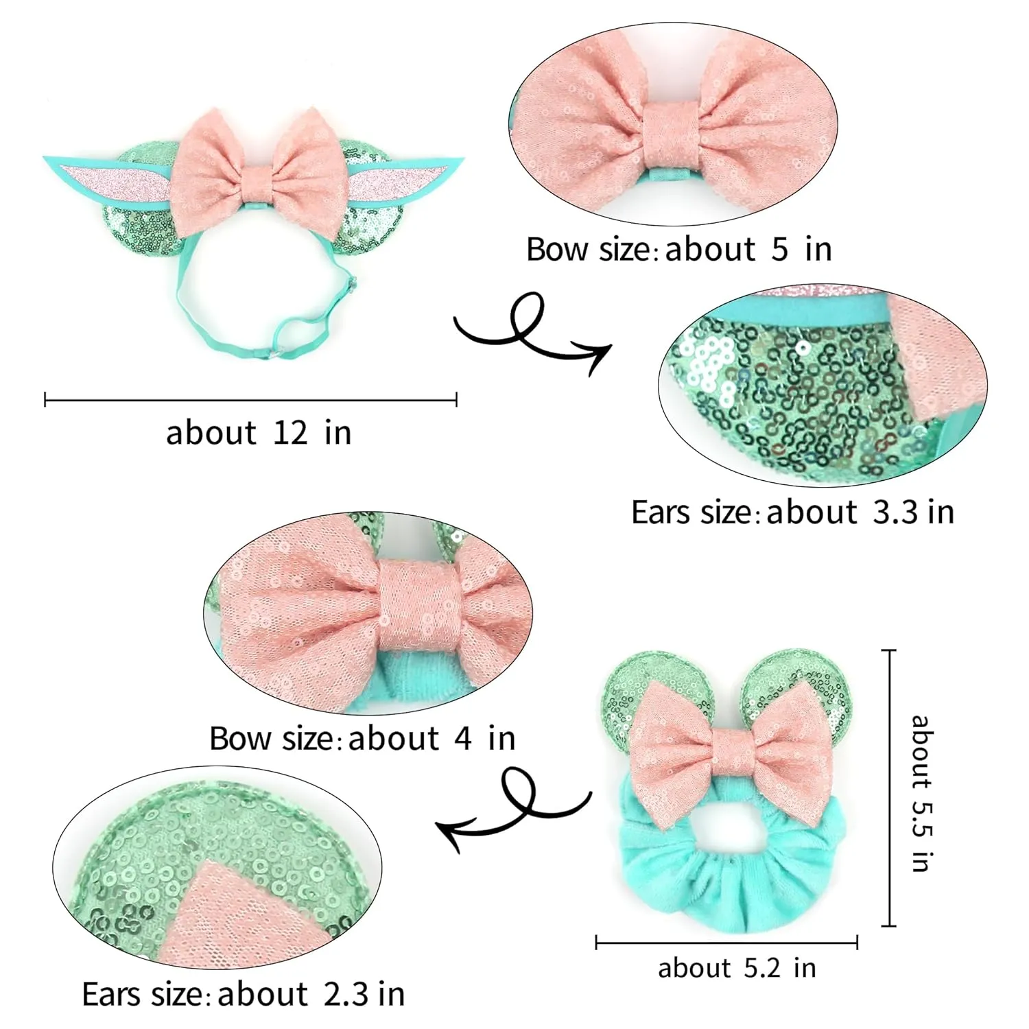 Newborn Bows for Girls Toddler Hair Bows Elastic Adjustable Headband Mouse Ears Yoda Scrunchies Essencial Accessories for Trip Headwear for Women (Yodapinkbow)