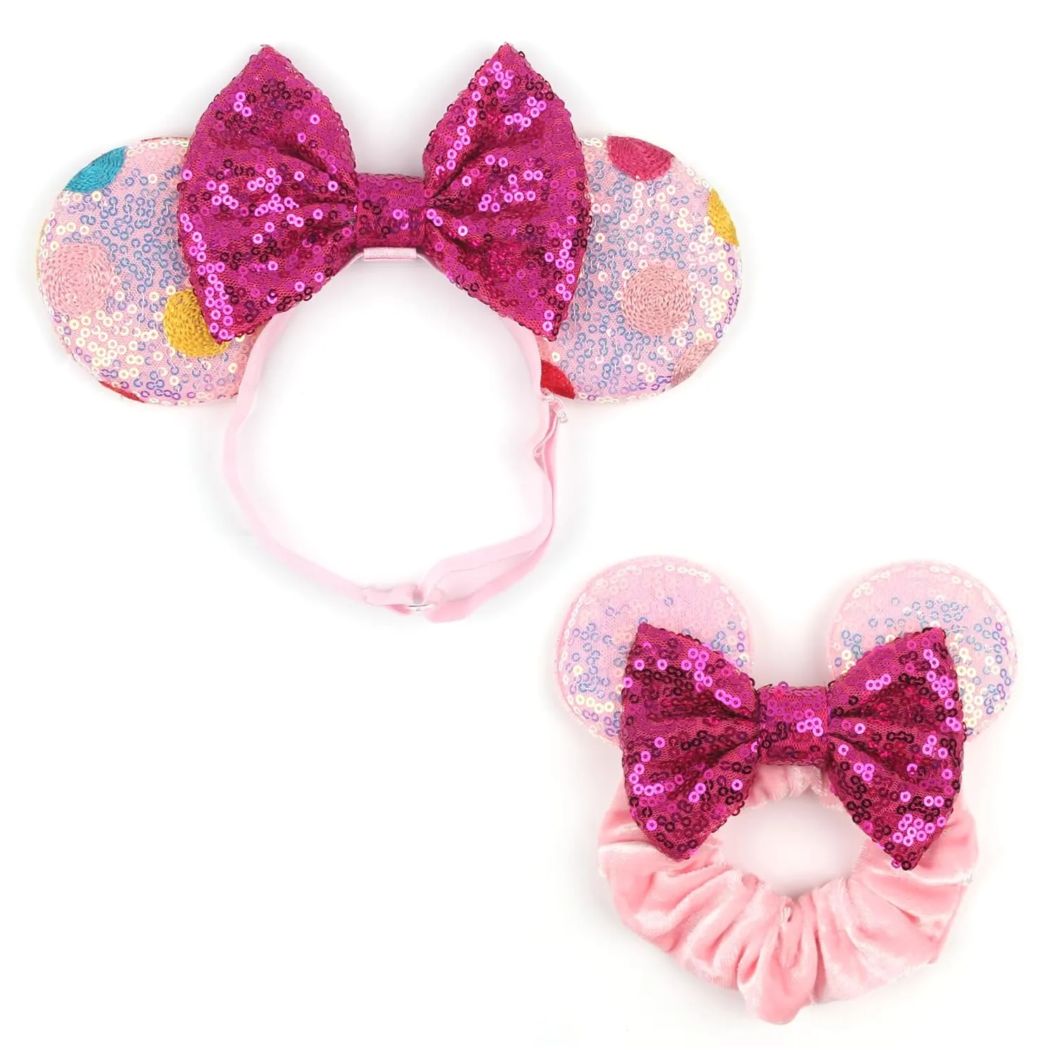 Newborn Bows for Girls Toddler Hair Bows Multicoloured Dot Elastic Adjustable Headband Mouse Ears Scrunchies Essencial Accessories for Trip Headwear for Women (Pinkbow)