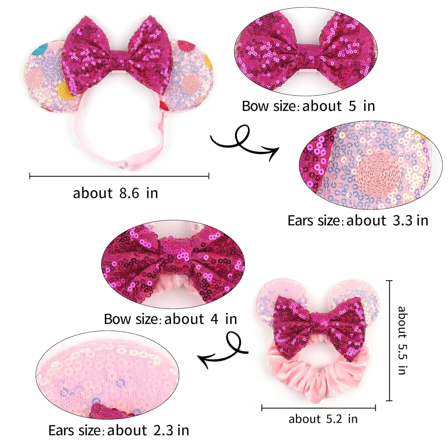 Newborn Bows for Girls Toddler Hair Bows Multicoloured Dot Elastic Adjustable Headband Mouse Ears Scrunchies Essencial Accessories for Trip Headwear for Women (Pinkbow)