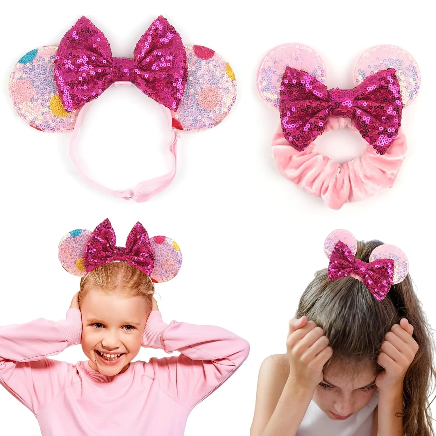 Newborn Bows for Girls Toddler Hair Bows Multicoloured Dot Elastic Adjustable Headband Mouse Ears Scrunchies Essencial Accessories for Trip Headwear for Women (Pinkbow)