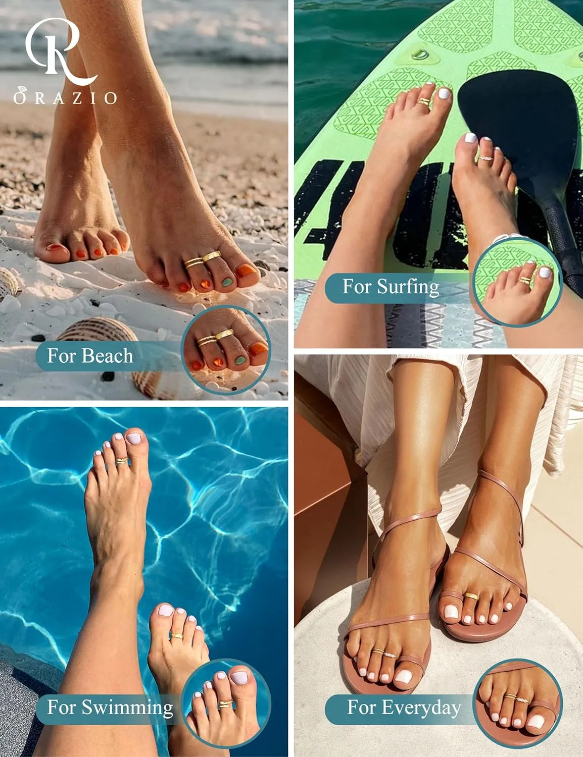 ORAZIO 14K Gold Toe Rings for Women Non Tarnish Adjustable Gold Filled Toe Ring Cz Hug Open Band Ring Summer Beach Rings Foot Jewelry for Women Sexy Cute Small Toe Rings Sets 4Pcs