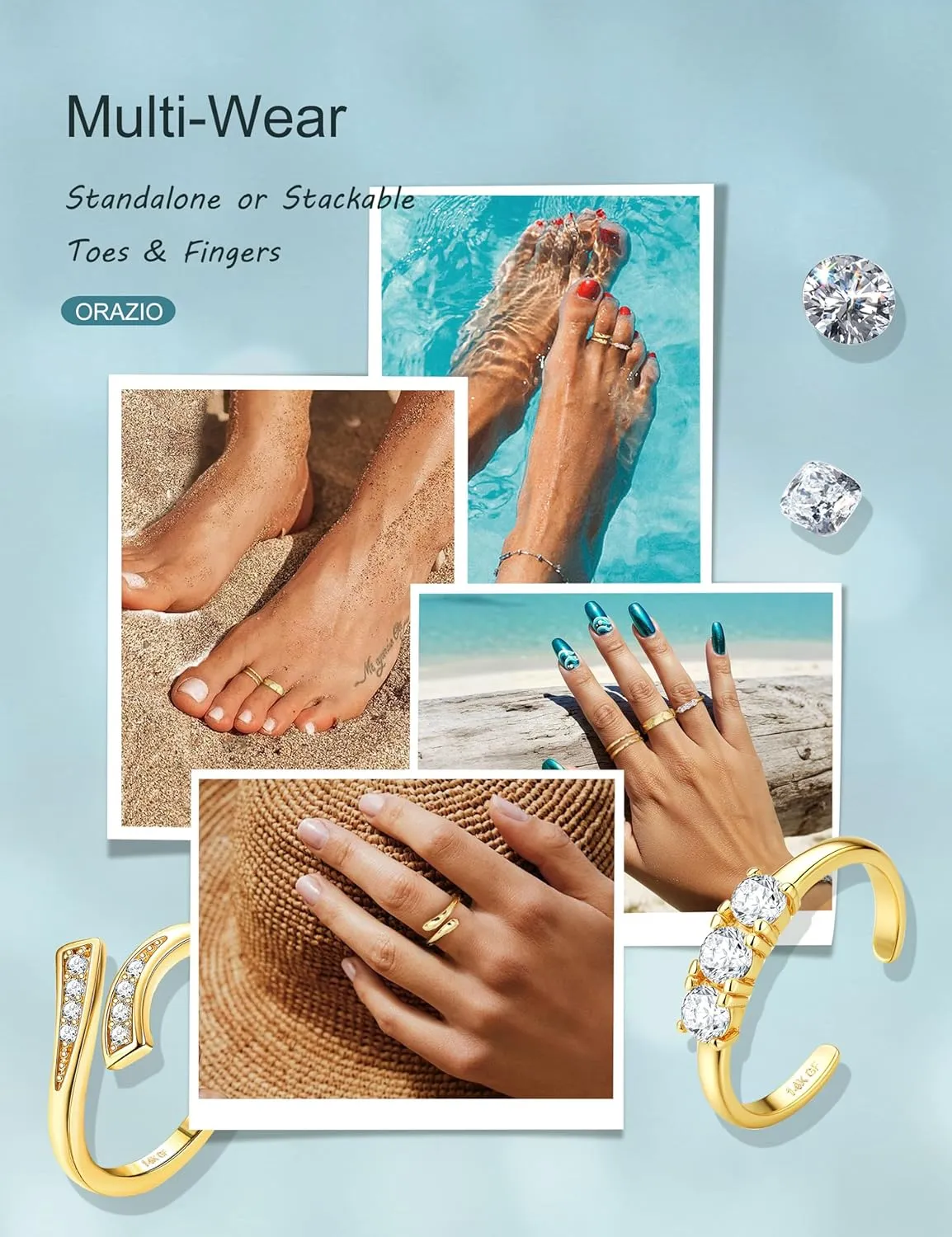 ORAZIO 14K Gold Toe Rings for Women Non Tarnish Adjustable Gold Filled Toe Ring Cz Hug Open Band Ring Summer Beach Rings Foot Jewelry for Women Sexy Cute Small Toe Rings Sets 4Pcs