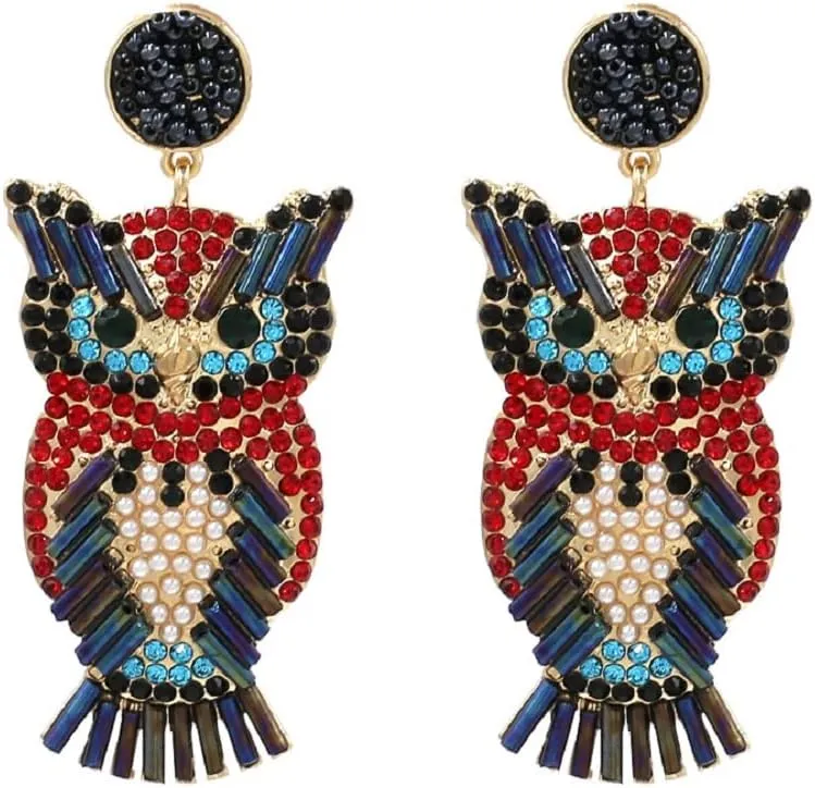 Owl Earrings for Women, Cute Owl Statement Earrings for Womens, Owl Bird Dangle Earrings Hypoallergenic, Beaded Owl Animal Drop Earrings, Owl Bohemian Earrings Studs, Zinc, No Gemstone