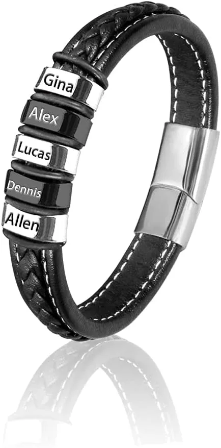 OXYEFEI Personalized Mens Braid Leather Bracelets with Custom Names, engraveable Leather Bracelets,Gift for Boyfriend, for Father.