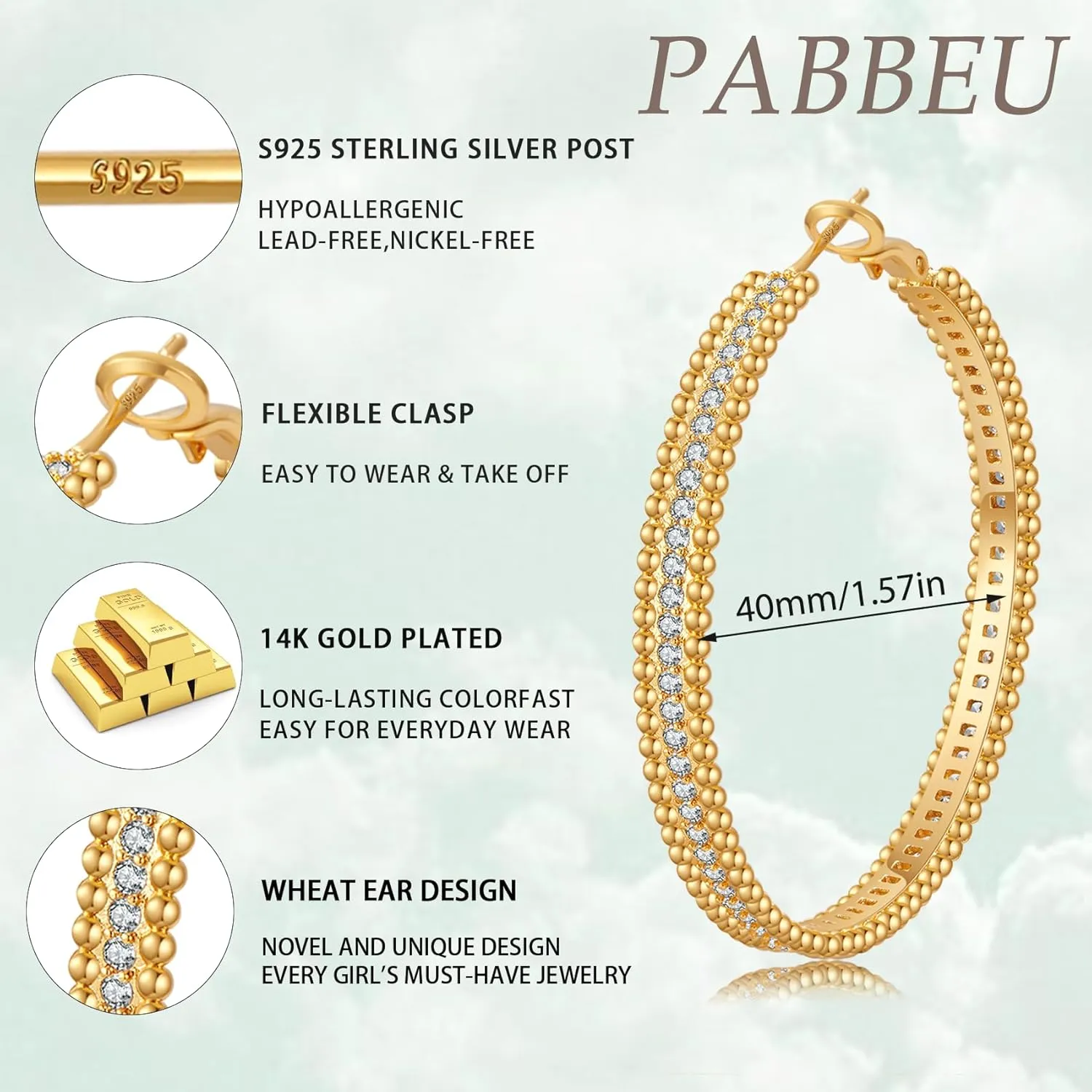 PABBEU 925 Sterling Silver Hoop Earrings, Hypoallergenic Silver Hoop Earrings for Women Lightweight Gold Hoop Earrings, Fashion Rhinestone Cubic Zirconia Large Hoop Earrings 30MM/40MM/50MM