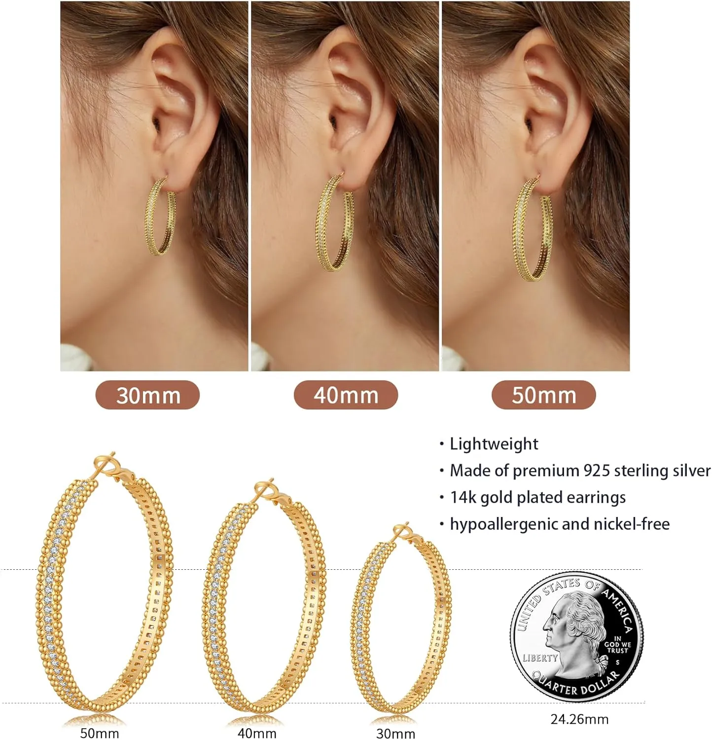PABBEU 925 Sterling Silver Hoop Earrings, Hypoallergenic Silver Hoop Earrings for Women Lightweight Gold Hoop Earrings, Fashion Rhinestone Cubic Zirconia Large Hoop Earrings 30MM/40MM/50MM