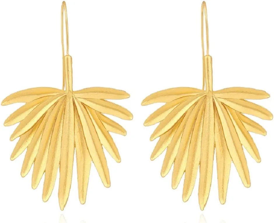 Palm Leaf Earrings for Women, Cute Coconut Tree Leaf Earrings for Womens, Tropical Palm Tree Leaf Dangle Earrings Hypoallergenic, Gold Leaf Statement Drop Earrings, Zinc, No Gemstone