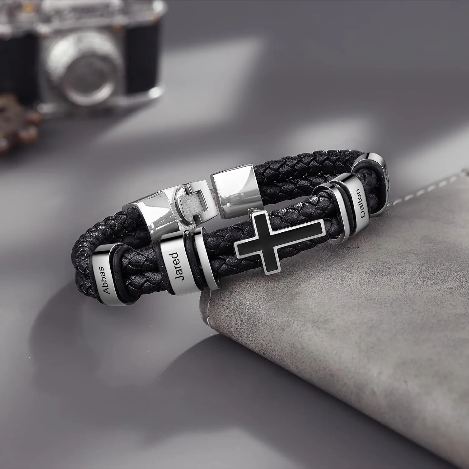 Personalized Cross Bracelet for Men Custom 2-4 Name Mens Leather Bracelets Braided Bracelets for Dad Husband Boyfriend Gift for Birthday Christmas