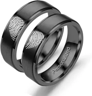 Personalized Heart Promise Couple Rings Matching Heart Fingerprint Engraved Titanium Steel for Couples Wedding Engagement Band Rings Width 8mm 6mm
