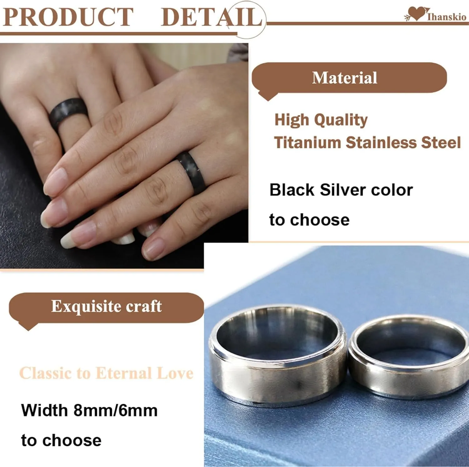Personalized Heart Promise Couple Rings Matching Heart Fingerprint Engraved Titanium Steel for Couples Wedding Engagement Band Rings Width 8mm 6mm