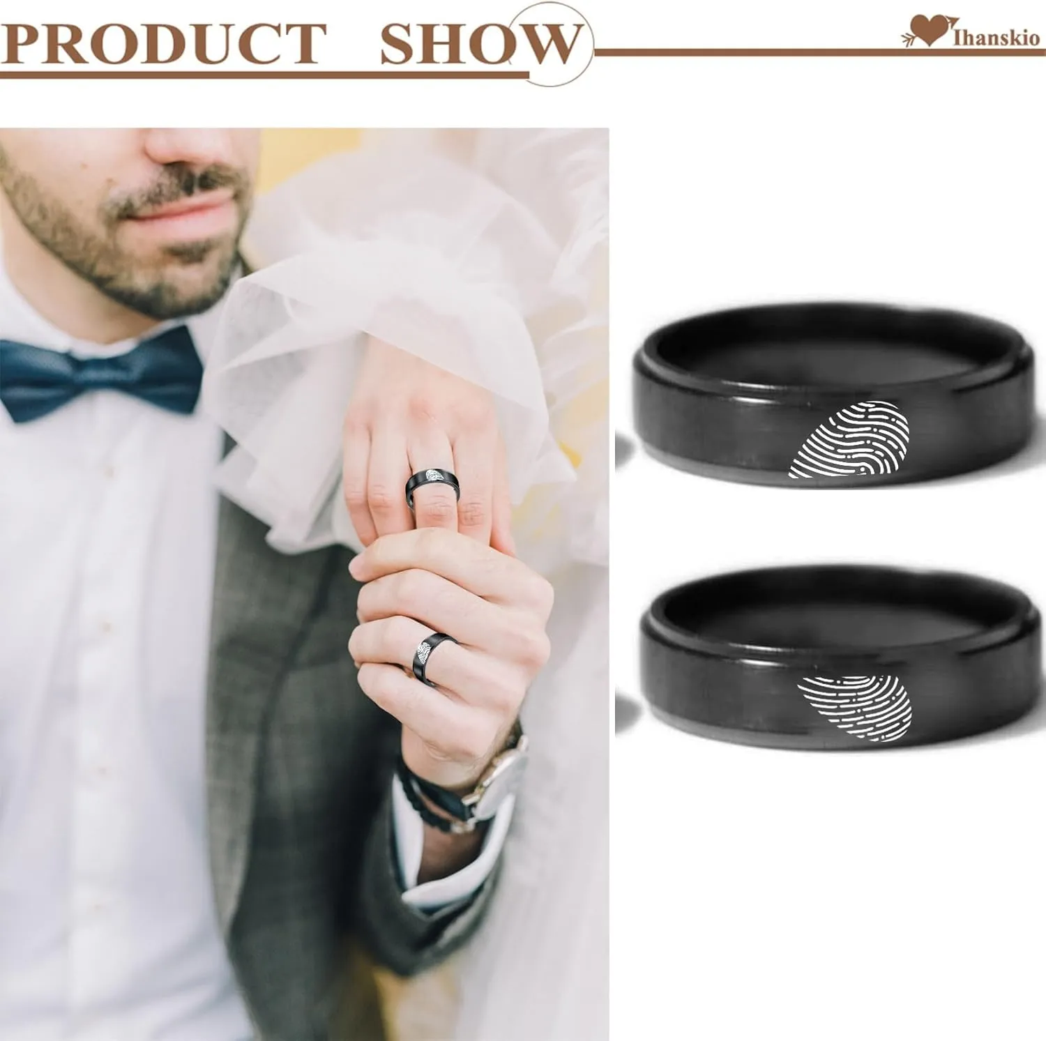 Personalized Heart Promise Couple Rings Matching Heart Fingerprint Engraved Titanium Steel for Couples Wedding Engagement Band Rings Width 8mm 6mm