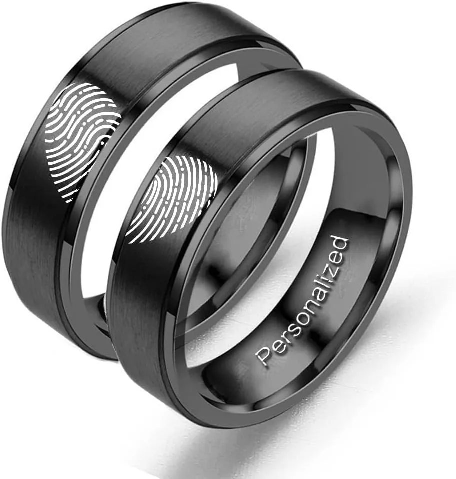 Personalized Heart Promise Couple Rings Matching Heart Fingerprint Engraved Titanium Steel for Couples Wedding Engagement Band Rings Width 8mm 6mm