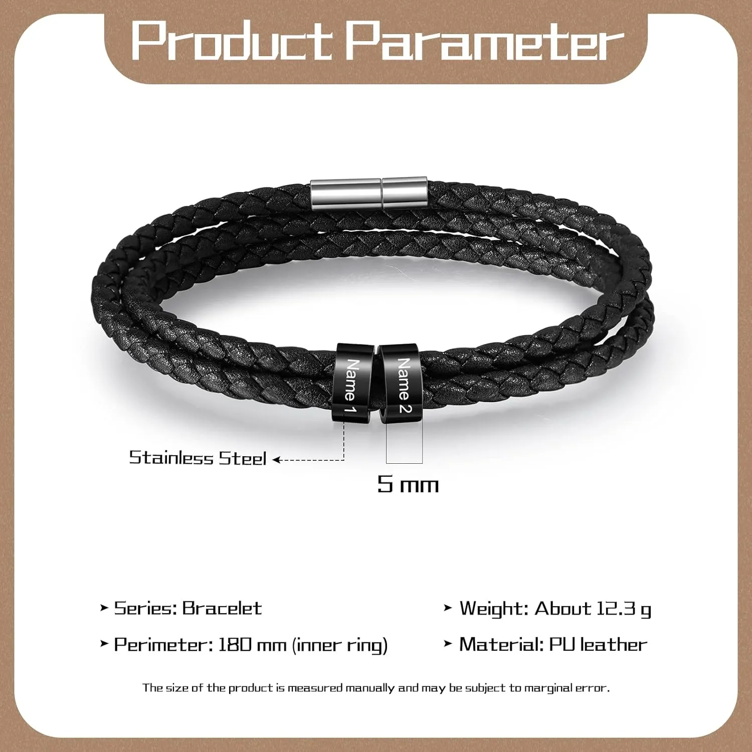 Personalized Leather Braid Bracelets for Mens with 1-6 Names Custom Engraved Leather Beads Bracelet Gifts for Dad Husband Birthday Father's Day