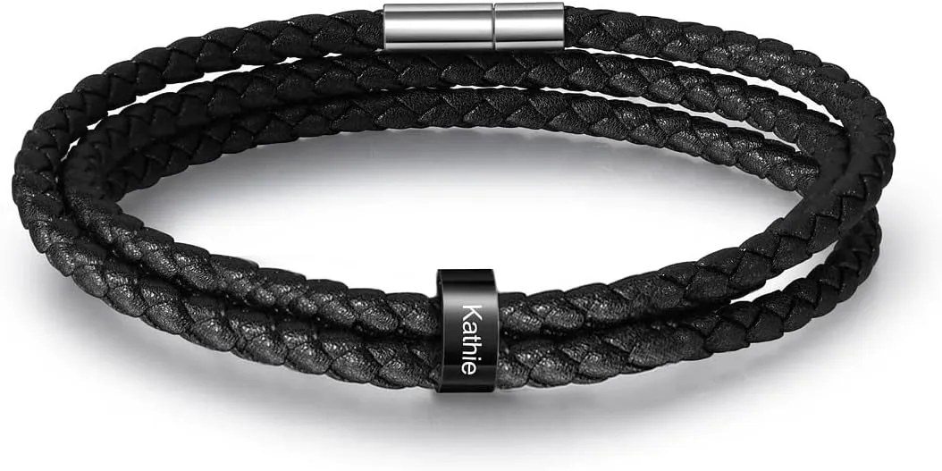 Personalized Leather Braid Bracelets for Mens with 1-6 Names Custom Engraved Leather Beads Bracelet Gifts for Dad Husband Birthday Father's Day