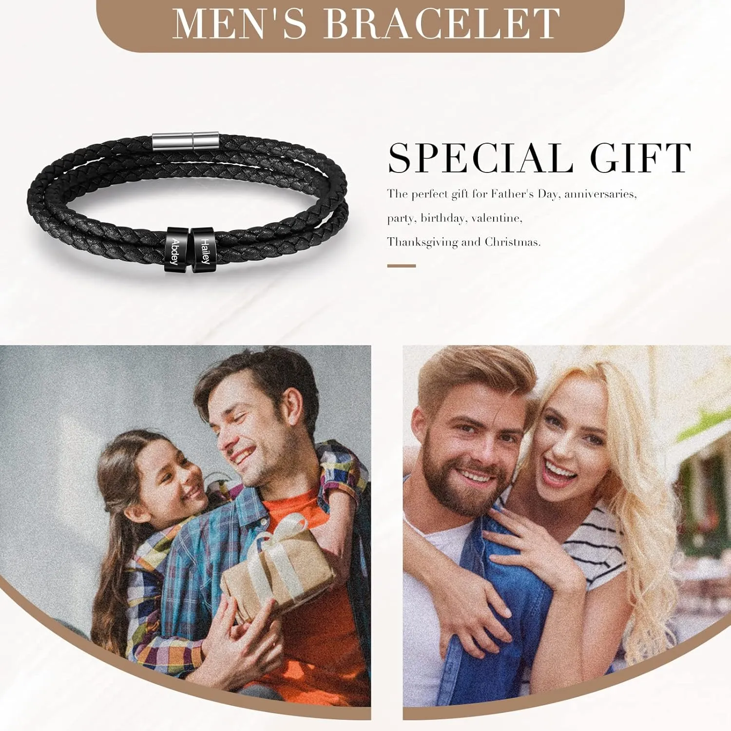 Personalized Leather Braid Bracelets for Mens with 1-6 Names Custom Engraved Leather Beads Bracelet Gifts for Dad Husband Birthday Father's Day