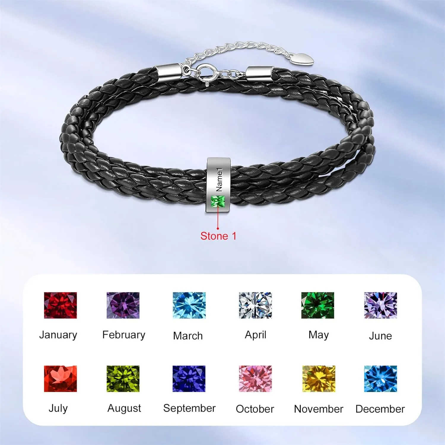Personalized Mens Braid Leather Bracelets with 1-9 Birthstone Custom Names Bracelets for Dad Husband Boyfriend Son for Birthday Father's Day Valentine's Day