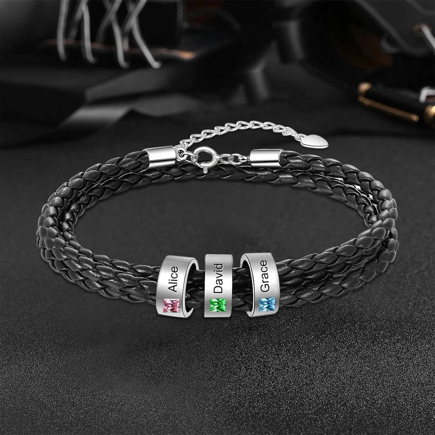 Personalized Mens Braid Leather Bracelets with 1-9 Birthstone Custom Names Bracelets for Dad Husband Boyfriend Son for Birthday Father's Day Valentine's Day