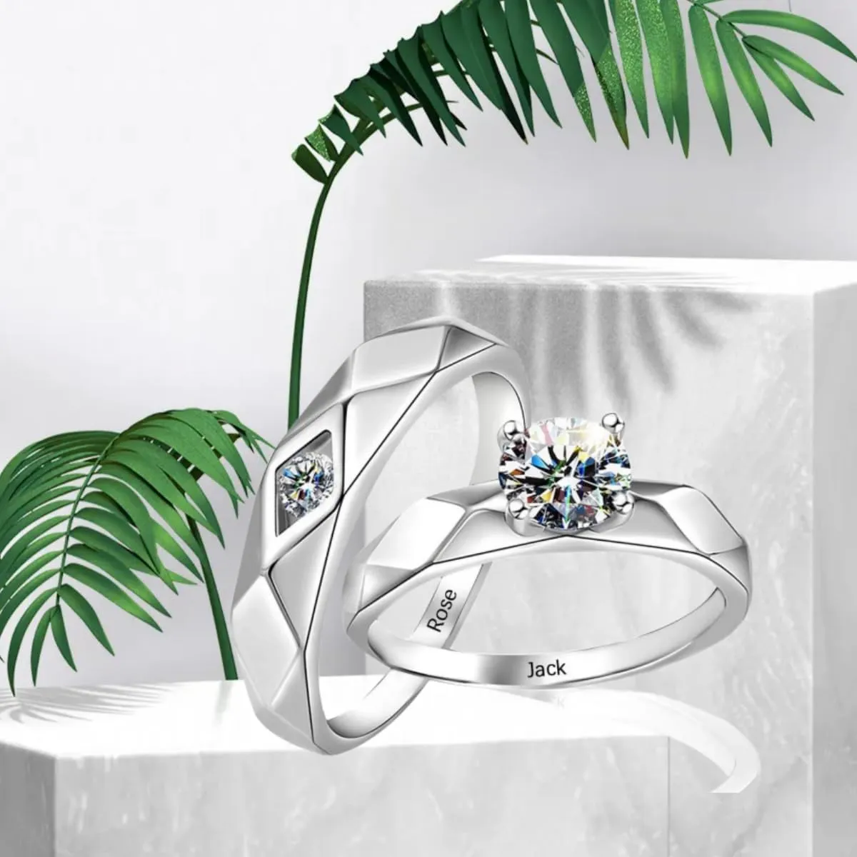 Personalized Promise Rings for Couples 925 Sterling Silver/Solid Gold 10K/14K/18K Custom Engraved Text Birthstone Moissanite Diamond Engagement Rings for Couples