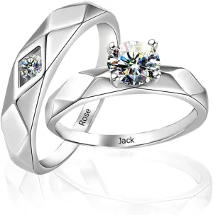 Personalized Promise Rings for Couples 925 Sterling Silver/Solid Gold 10K/14K/18K Custom Engraved Text Birthstone Moissanite Diamond Engagement Rings for Couples