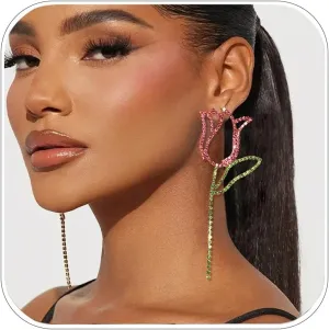 Pink Statement Flower Dangle Earrings for Women Prom Jewelry Dainty Long Rhinestone Gold Drop Earrings Dangling Wedding