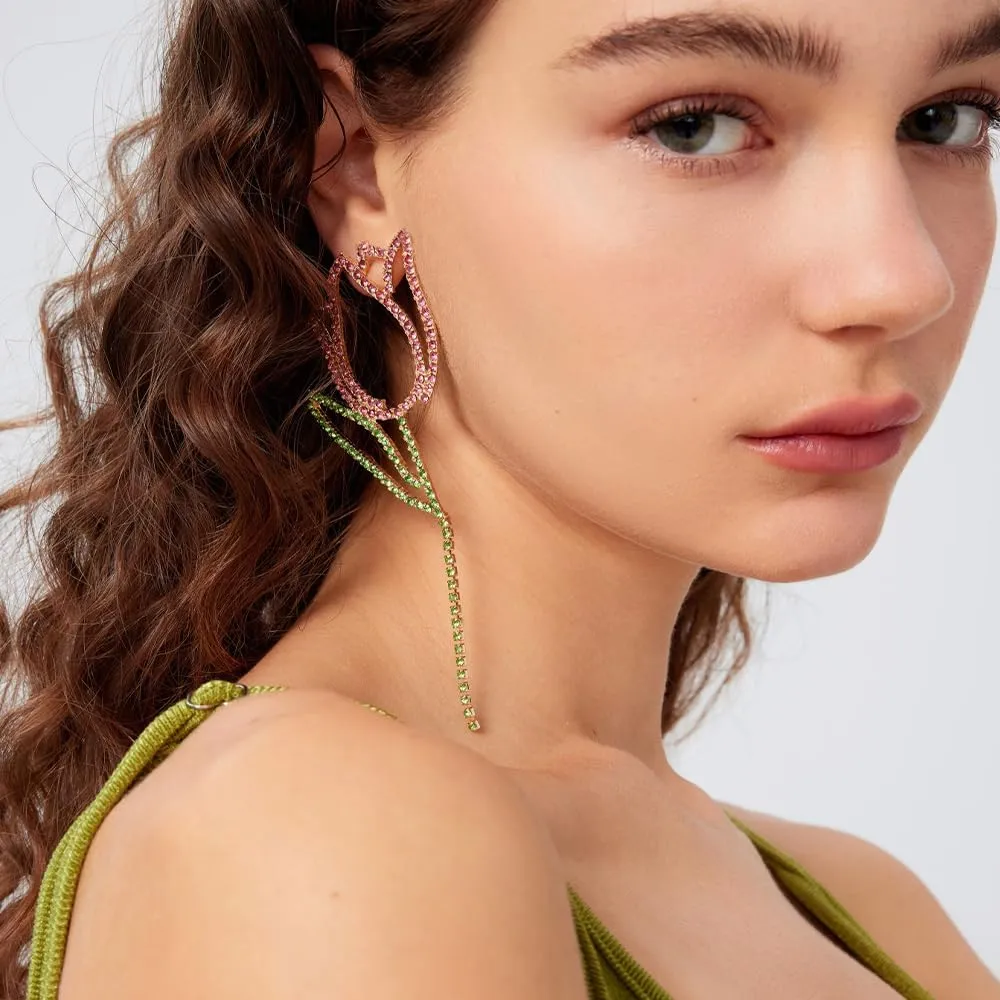 Pink Statement Flower Dangle Earrings for Women Prom Jewelry Dainty Long Rhinestone Gold Drop Earrings Dangling Wedding