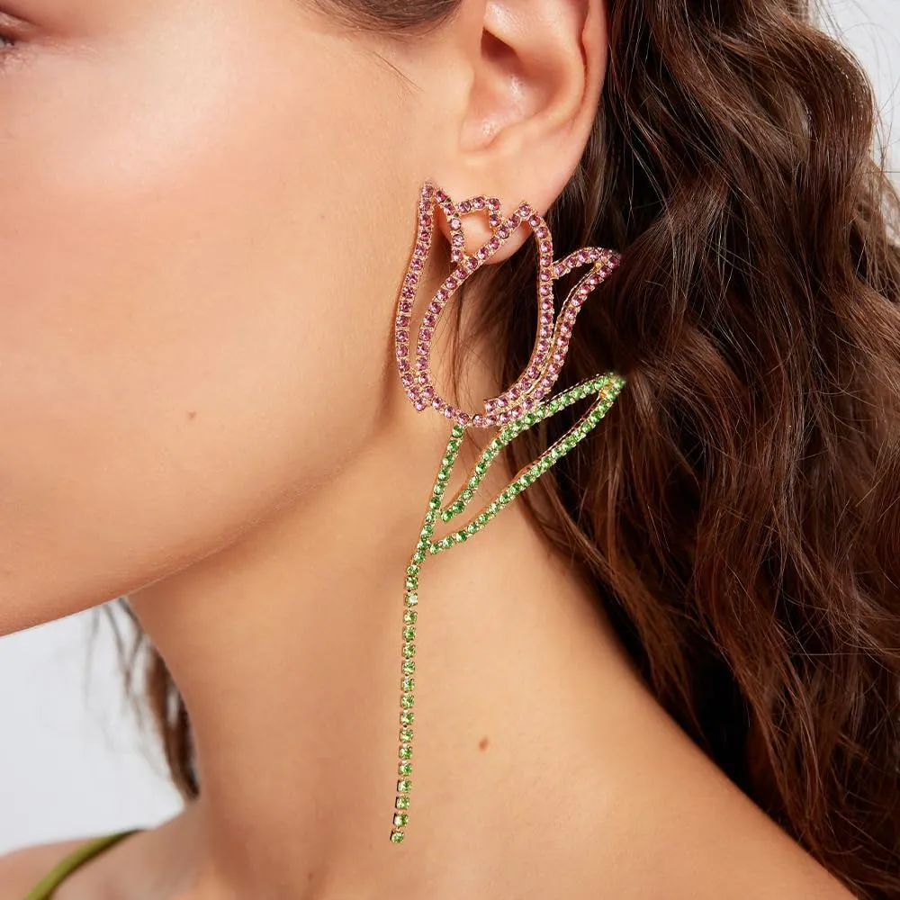 Pink Statement Flower Dangle Earrings for Women Prom Jewelry Dainty Long Rhinestone Gold Drop Earrings Dangling Wedding