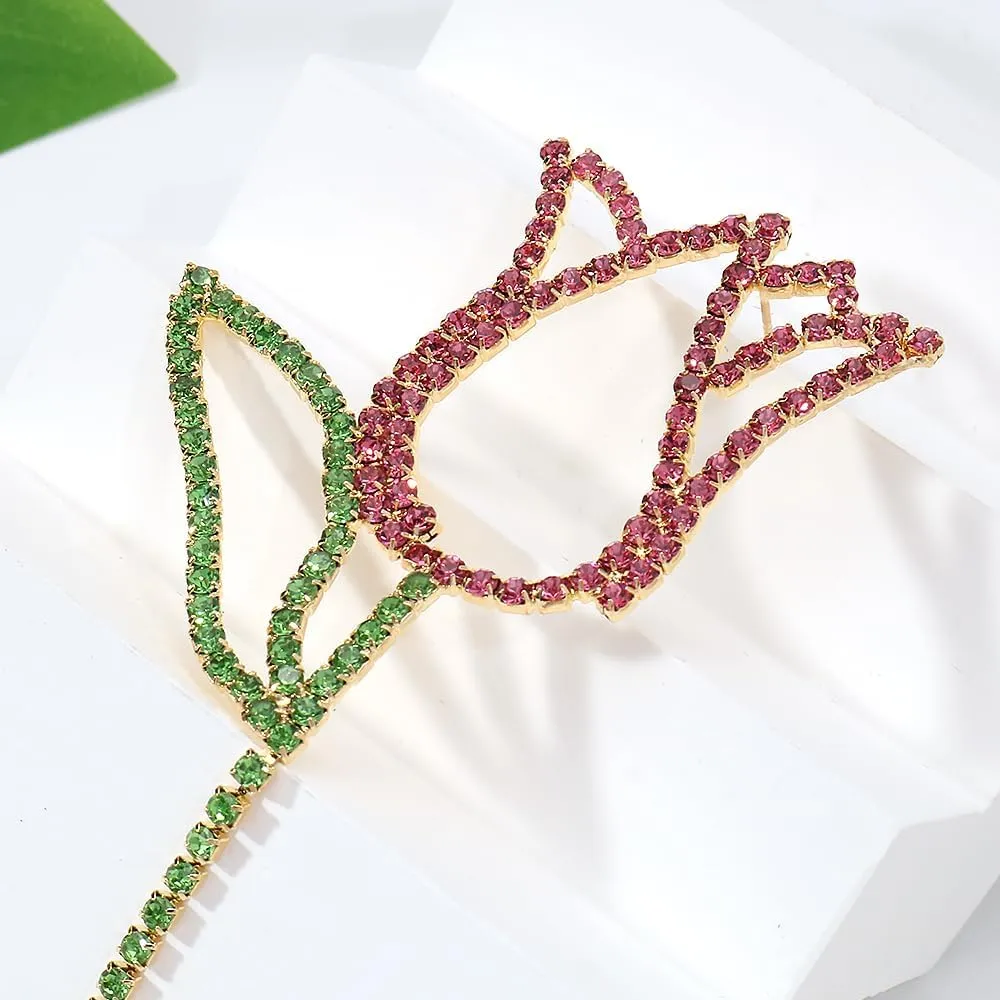 Pink Statement Flower Dangle Earrings for Women Prom Jewelry Dainty Long Rhinestone Gold Drop Earrings Dangling Wedding