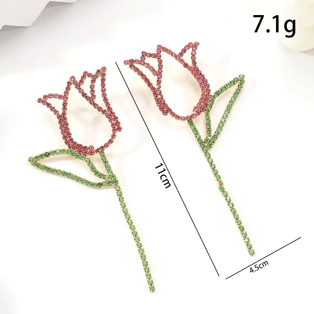 Pink Statement Flower Dangle Earrings for Women Prom Jewelry Dainty Long Rhinestone Gold Drop Earrings Dangling Wedding