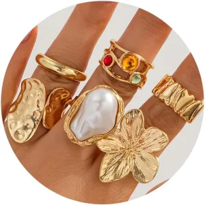 PLwelth 6Pcs Chunky Gold Rings Stackable Rings Set for Women Non Tarnish Statement Gold Plated Ring Stacking Open Ring Set Adjustable Trendy Accessories Jewelry Gifts for Her Birthday