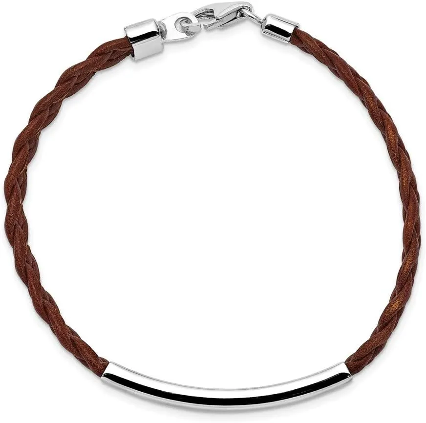 Polished Engravable Personalized Custom 925 Sterling Silver Brown Braided Leather Bracelet For Men or Women Length 7 inches Width 5 mm