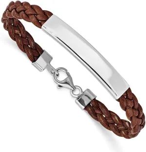 Polished Engravable Personalized Custom 925 Sterling Silver Brown Braided Leather Bracelet For Men or Women Length 7 inches Width 5 mm